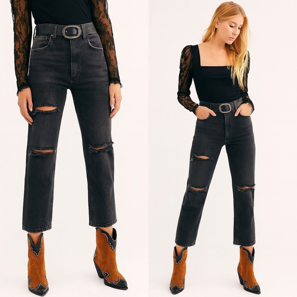 We The Free High Rise Rigid Black Wash Distressed Crop Straight Jeans Sz 26